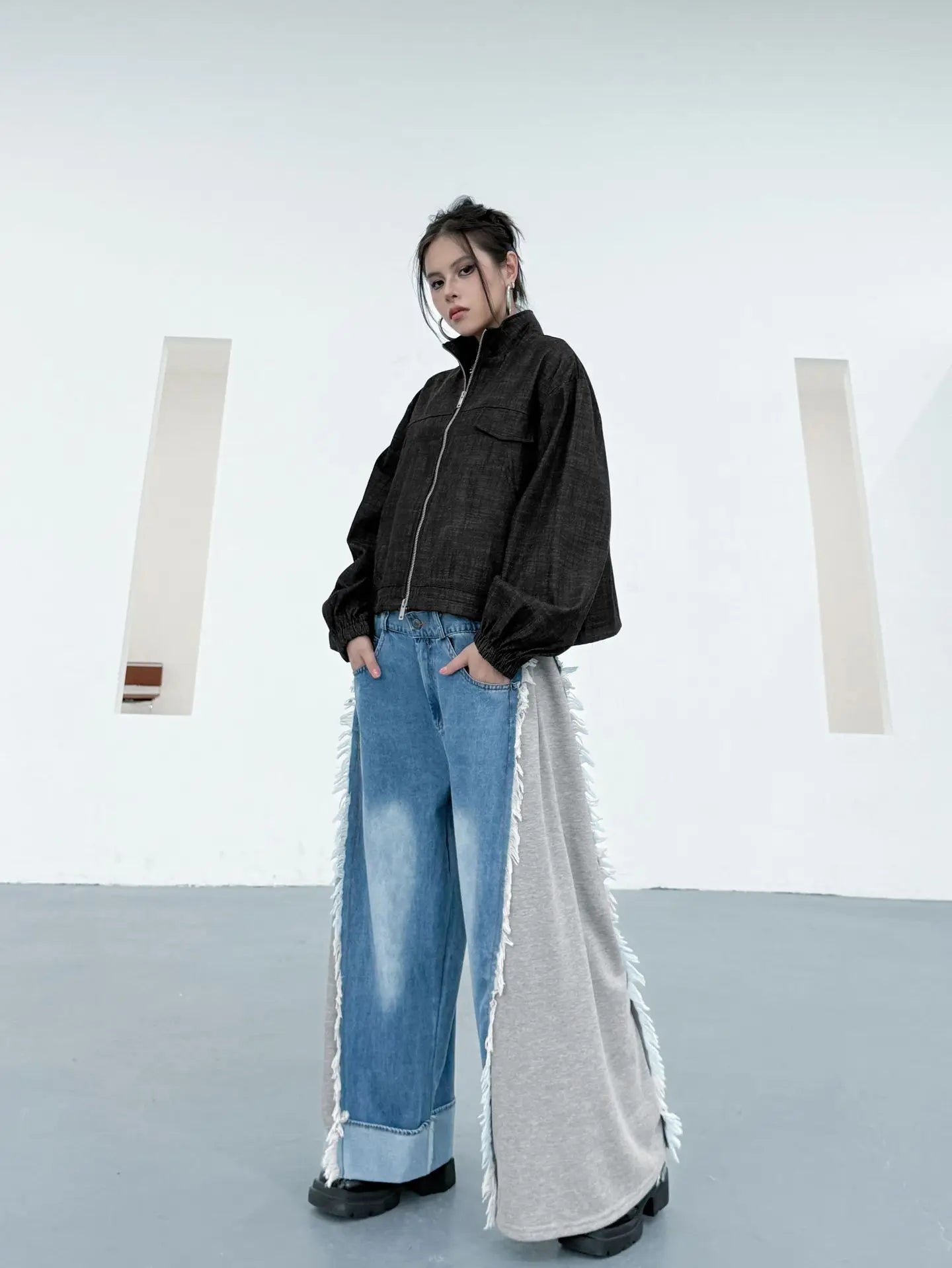 NYFS Europe United States Patchwork Loose plus Size Women's Jeans Elastic Waist Trousers Autumn Fashion Denim Wide-leg pants
