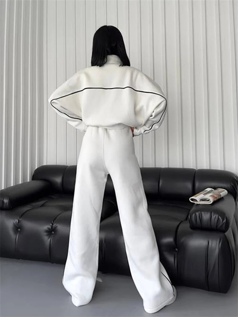 Sweatshirt Two-piece Suit Women's Oversize Striped Casual Sports Sets Zipper-up Short Jacket Straight Trousers 2-piece Sets