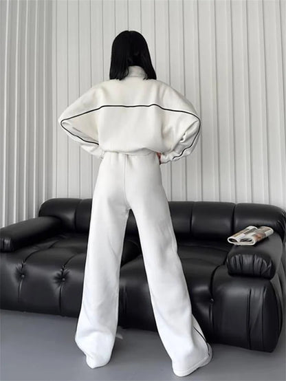 Sweatshirt Two-piece Suit Women's Oversize Striped Casual Sports Sets Zipper-up Short Jacket Straight Trousers 2-piece Sets