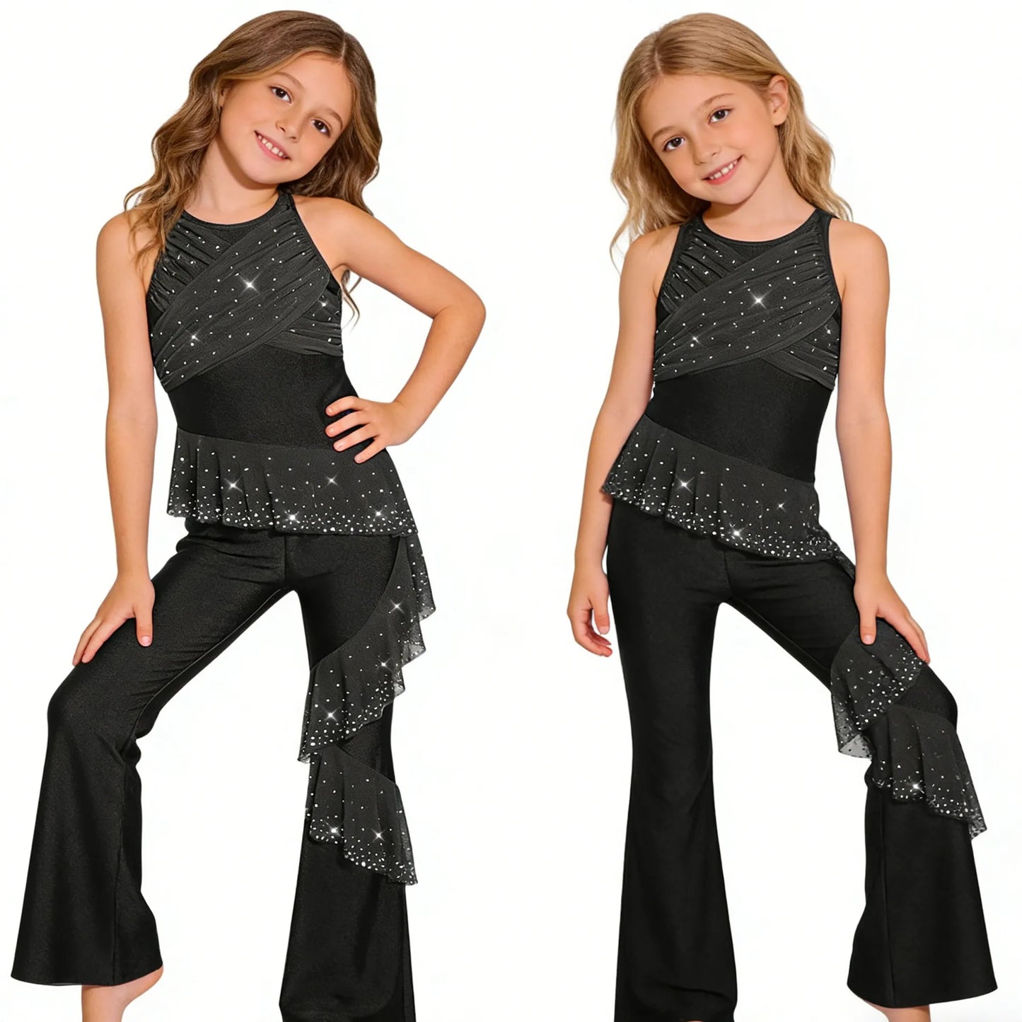 Kids Girls Figure Skating Jumpsuit Ballet Gymnastics Acrobatics Dance Leotard Sleeveless Shiny Rhinestones Ruffles Mesh Bodysuit