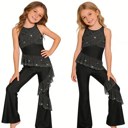 Kids Girls Figure Skating Jumpsuit Ballet Gymnastics Acrobatics Dance Leotard Sleeveless Shiny Rhinestones Ruffles Mesh Bodysuit