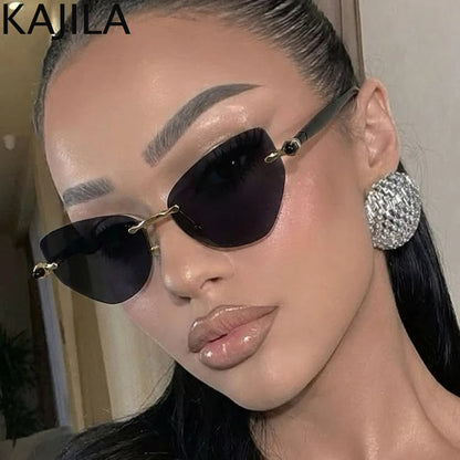 Sexy Cat Eye Punk Rimless Sunglasses Women Luxury Brand Retro Steampunk Polygon Sun Glasses For Ladies Fashion Shades UV400
