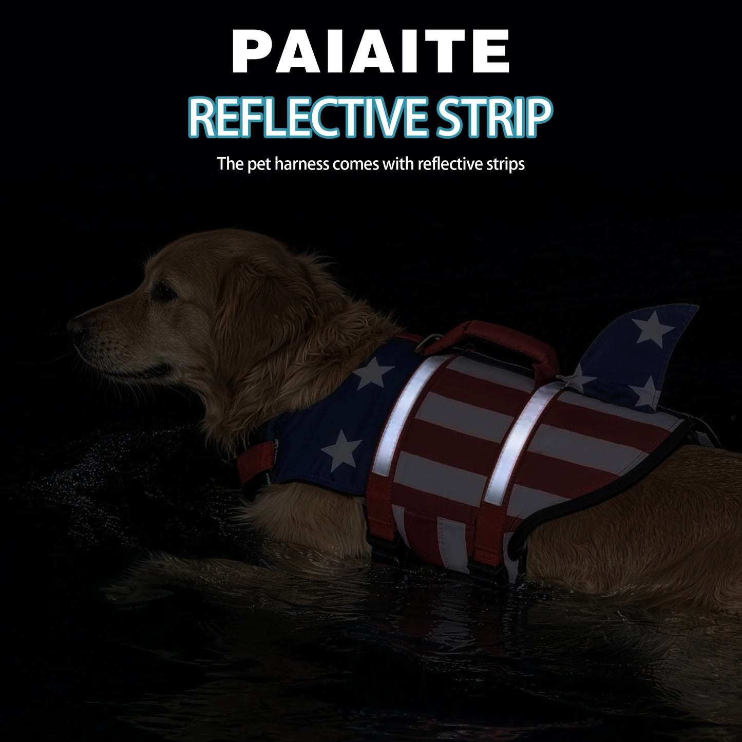 Shark US Flag Dog Life Jacket, Reflective Swim Vest with Rescue Handle, Adjustable High Buoyancy for Small Medium Large Dogs