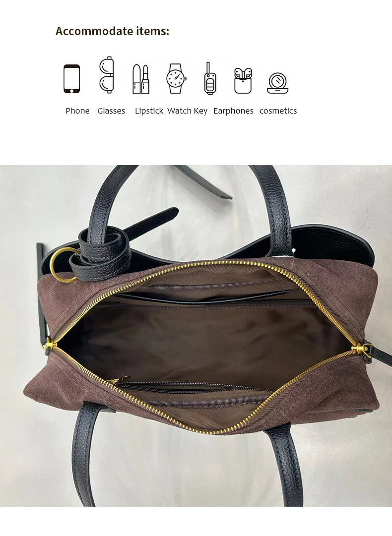 Women's Cow Genuine Leather Tote Bag suede commuting Cowhide Handbags Large Capacity Designer Luxury velvet Bags