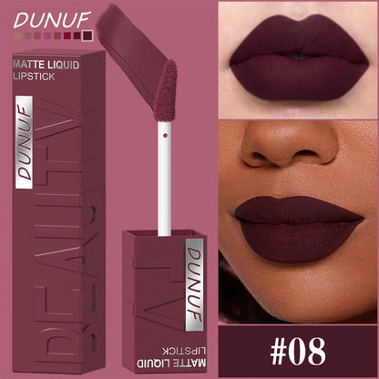 DUNUF  8-color matte velvet smooth easy-to-apply square tube lip gloss waterproof three-dimensional plumping lipstick