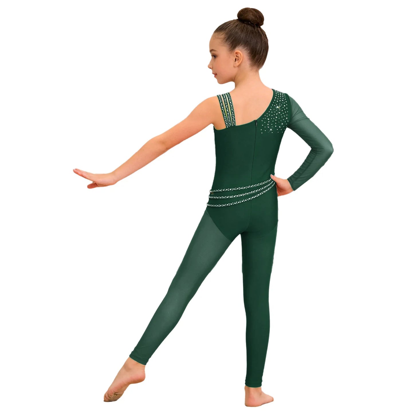 Kids Girls Ballet Dance Gymnastics Leotard Shiny Rhinestones Mesh Asymmetrical Jumpsuit for Figure Skating Acrobatic Performance