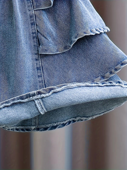 Girls Summer Pleated Frill Denim Shorts Fashionable Lightweight Beach Seaside Holiday Wear for Kids.Full elastic waistband