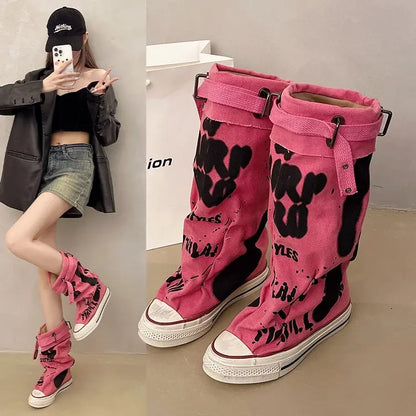 Women Canvas Sneakers Flats Designer Mid Calf Snow Boots Fashion Shoes Woman Trend New Punk Chelsea Boots Lady Shoes