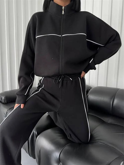 Sweatshirt Two-piece Suit Women's Oversize Striped Casual Sports Sets Zipper-up Short Jacket Straight Trousers 2-piece Sets
