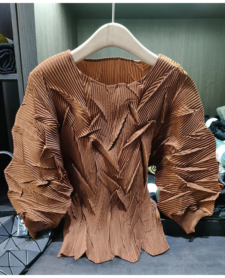 LANMREM New Batwing Sleeve Pleated Women's T-shirt American Style Loose Versatile Chic Round Collar Pullover Tops 2DB6558
