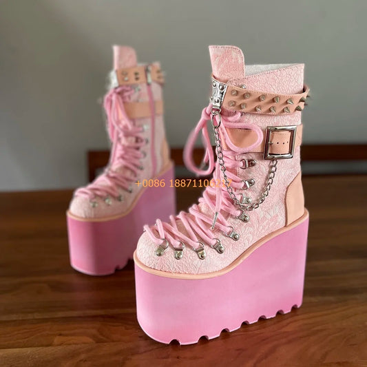 Pink Platform Chain Rivet Boots New Cyberpunk Belt Buckle Rock Boots Party Casual Fashion Ladies Sweet 34-47 Size Wedding Shoes