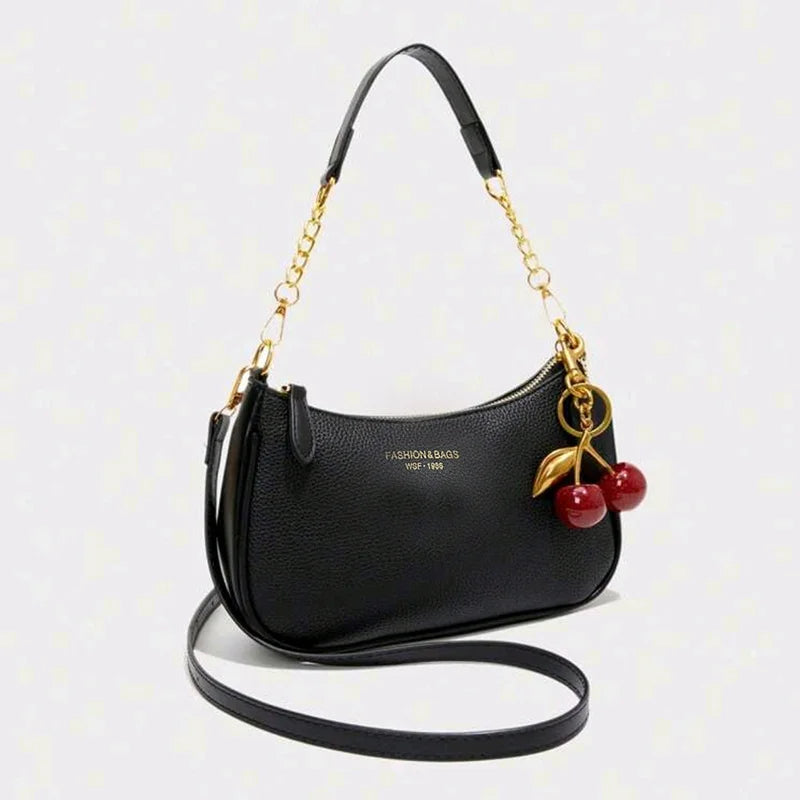 Cherry Pendant Crossbody Bag for Women PU Leather Crescent Bag Adjustable Strap Underarm Bag Closure Handbag for Work Travel