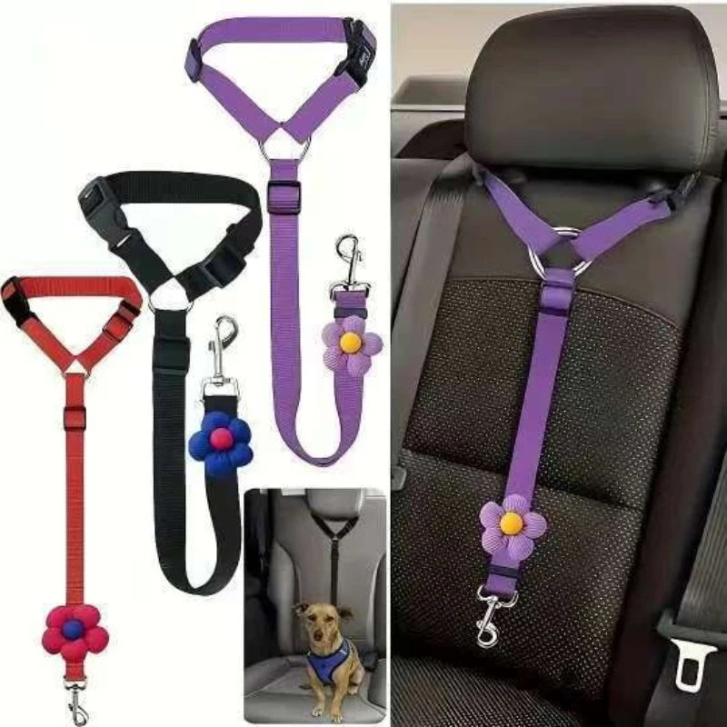 Pet Car Seat Adjustable (40-70cm)Belt Dog Cat Safety Harness Leash with Flower Decor for Dogs Travel Collar Pet Accessories