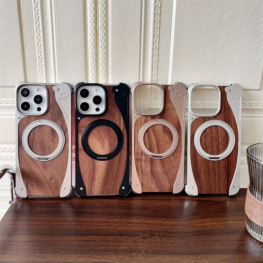 Luxury Metal Frame Walnut Wood Frameless Phone Case For iPhone 17 16 15 14 Pro Max Magsafe Magnetic 360 Rotating Bracket Cover