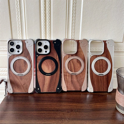 Luxury Metal Frame Walnut Wood Frameless Phone Case For iPhone 17 16 15 14 Pro Max Magsafe Magnetic 360 Rotating Bracket Cover