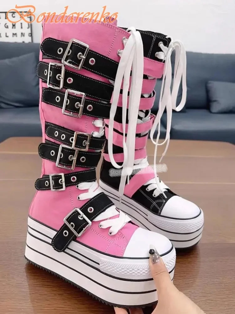 Thick Sole Platform Boots Round Toe Belt Buckles Knee High Boots Women Sexy New Shoes Lace Up Fashion Shoes Customized Big Size