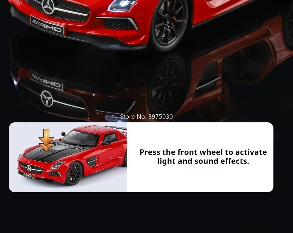 Benz SLS 1:24 Model Car Alloy Diecasting Wheel Steering Miniature Vehicles with Light Music Model Car Gifts