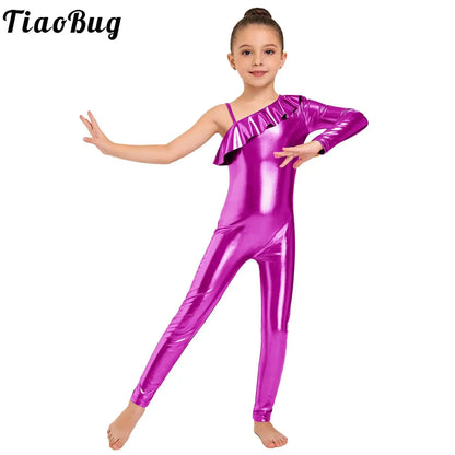 Kids Girls Metallic Shiny Ballet Dance Unitards Figure Skating Acrobatics Gymnastics Leotard One Shoulder Long Sleeve Jumpsuit