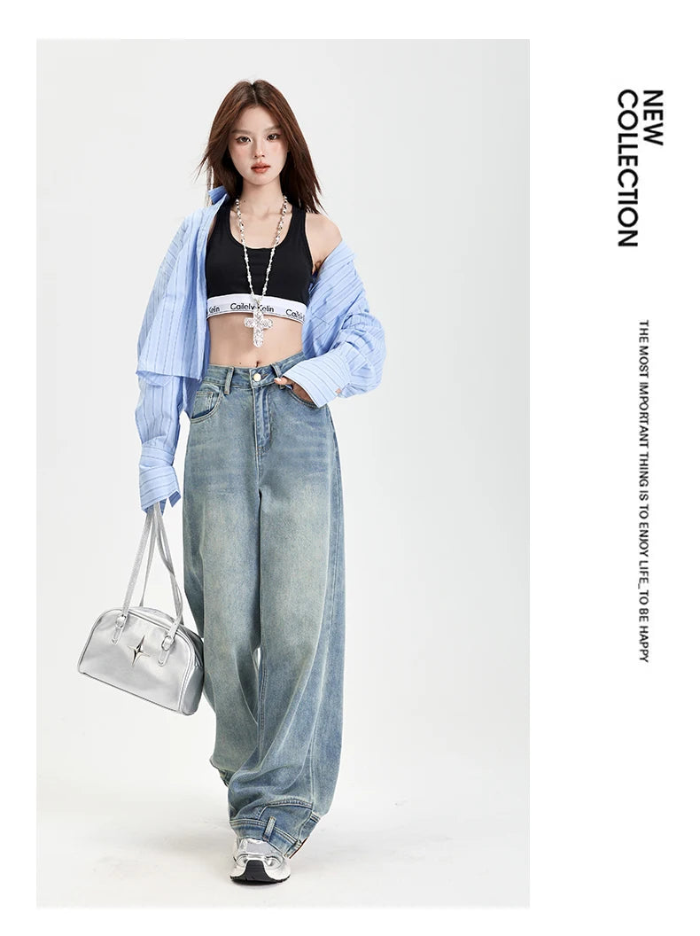 Ins Fashion American Retro Baggy High Waisted Jeans Woman High Street Denim Pants Reversible Trousers Streetwear Y2K Loose Jeans