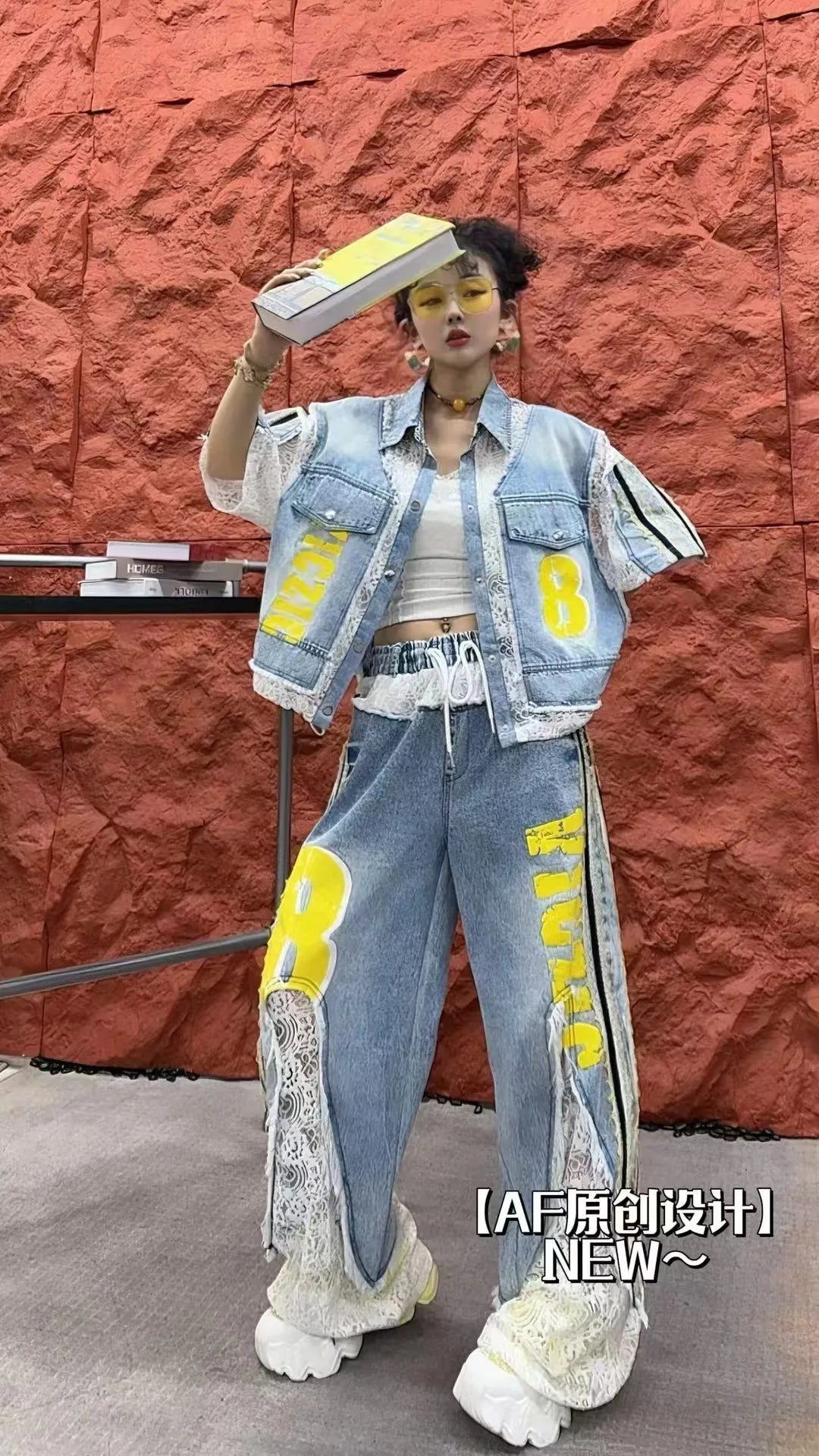 Trendy Summer Women Two-piece Set Colorblock Lace Splicing Denim Short Sleeve Shirt Top Elastic High Waist Wide Leg Casual Jeans