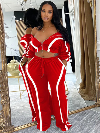 Doyerl Striped Casual Two Piece Set Woman Tracksuit Sports Joggers Zip Long Sleeve Jacket and Sweatpants Matching Sets Outfits