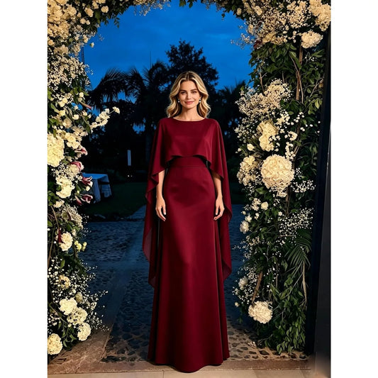 Customized Elegant Satin Square Neckline Mother Of The Bride Dress Women Long Formal Evening Dresses Detachable Cape for Wedding