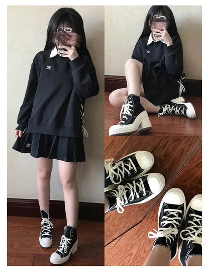 High Top Canvas Shoes New Europe and The United States Thick Heel Round Head Strap Thick Soled Small White Shoes