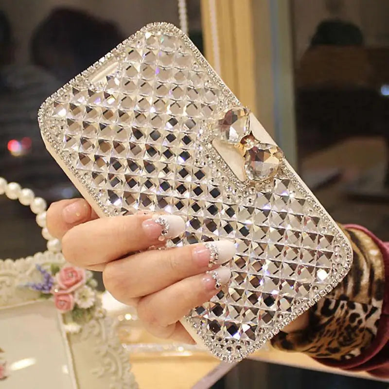 Luxury Diamond Leather Case For iPhone 17 Air 16 15 14 Plus 12 13 11 Pro Max XR X XS Flip Stand Glitter Protection Cover Funda