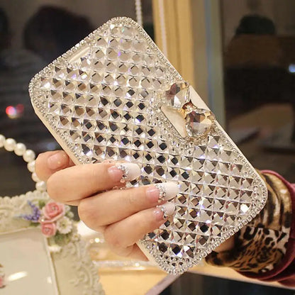 Luxury Diamond Leather Case For iPhone 17 Air 16 15 14 Plus 12 13 11 Pro Max XR X XS Flip Stand Glitter Protection Cover Funda