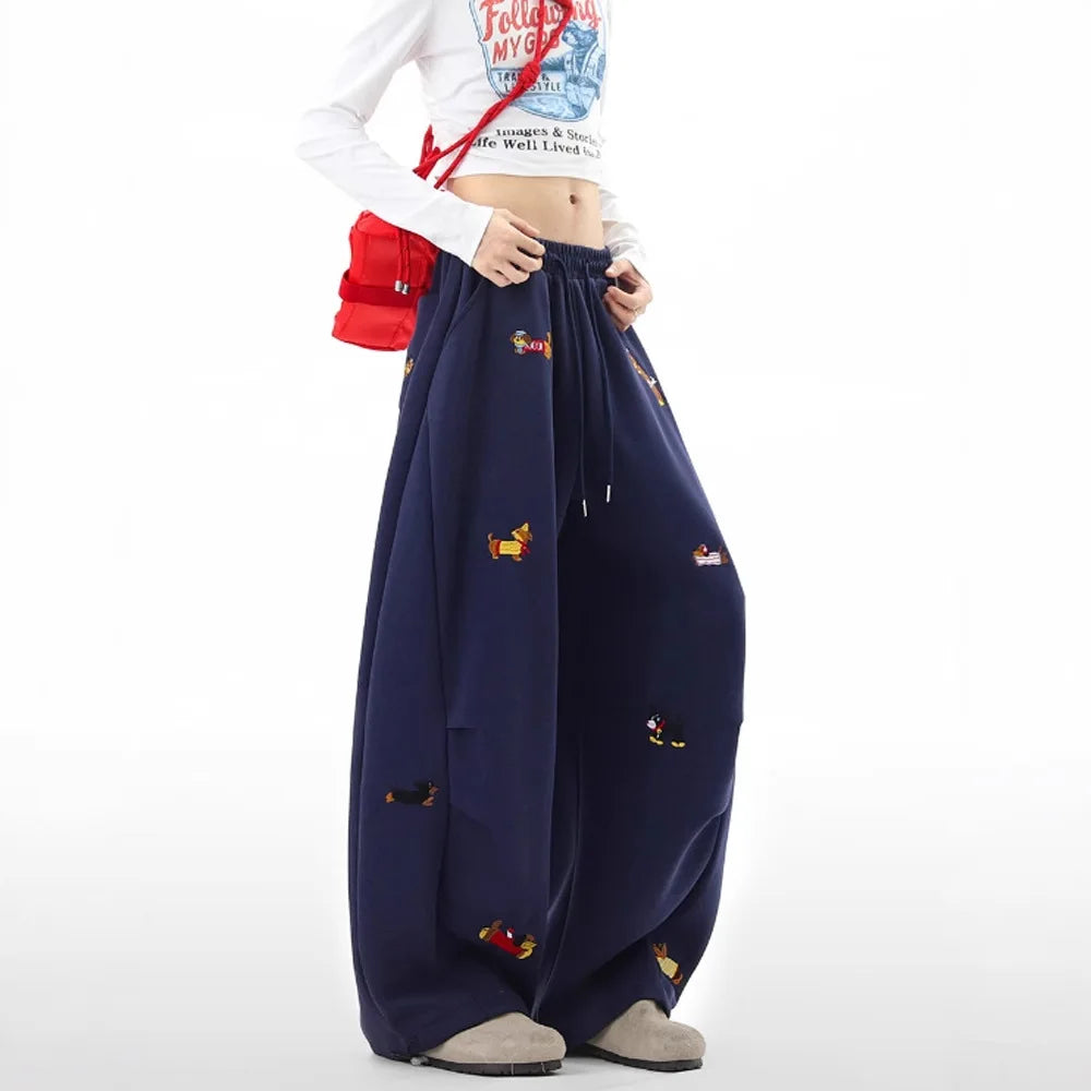 Funny Dachshund Embroidery Sweatpants Men Women Loose Cargo Joggers Wide Leg Couple Streetwear Autumn Casual Pants Fashion