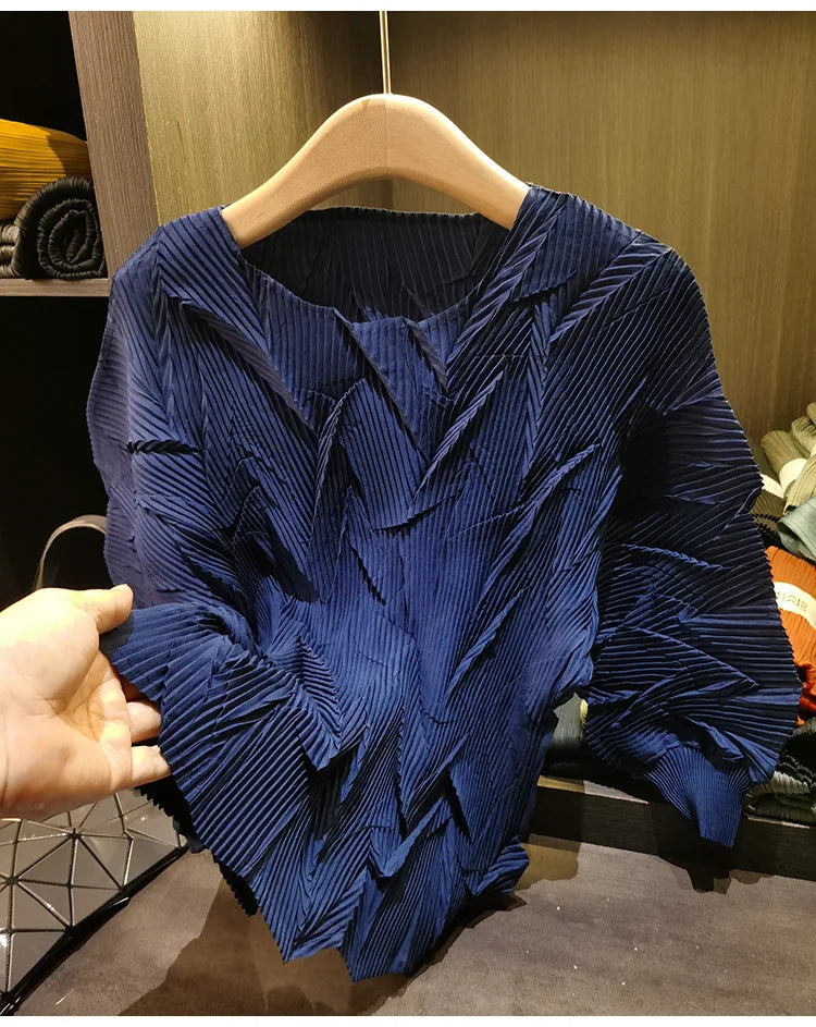 LANMREM New Batwing Sleeve Pleated Women's T-shirt American Style Loose Versatile Chic Round Collar Pullover Tops 2DB6558