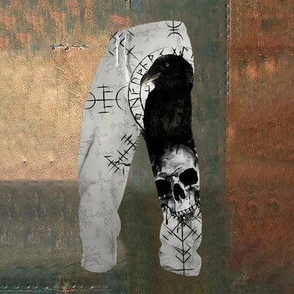 Men's retro Viking Celtic Crow Skull 3D printed casual pants drawstring straight leg pants summer Spring beach pants