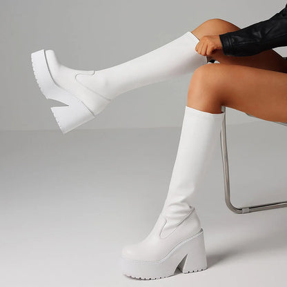 .DoraTasia Fashion Round Toe Chunky Heel Women's Stretch Boots INS Punk Street Snap Motorcycle Nightclub  Winter Shoes Woman