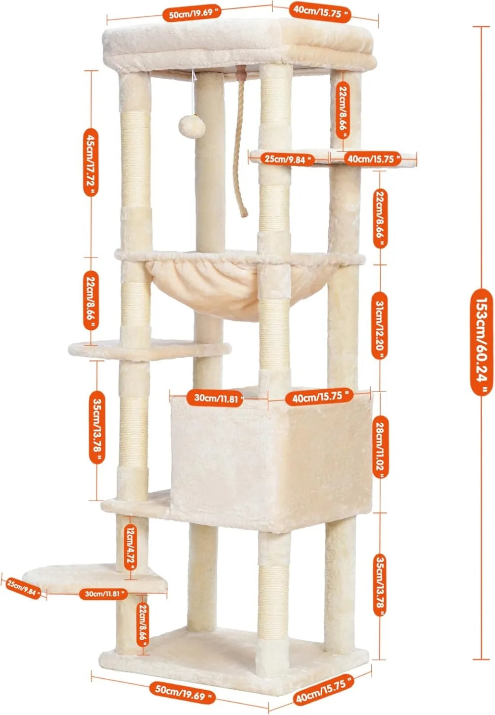Heybly Cat Tree for  20lbs Heavy Duty,60 inches XXL Cat Tower for Indoor Cats, Multi-Level Furniture Condo with Big Padded Plush
