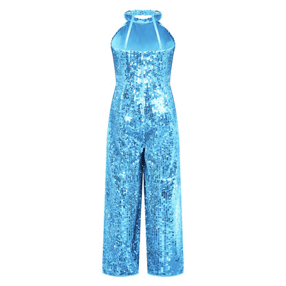 Kids Girls Jazz Dance Performance Jumpsuit Shiny Sequin Sleeveless Halter Romper Birthday Wedding Party Dancing Prom Bodysuit