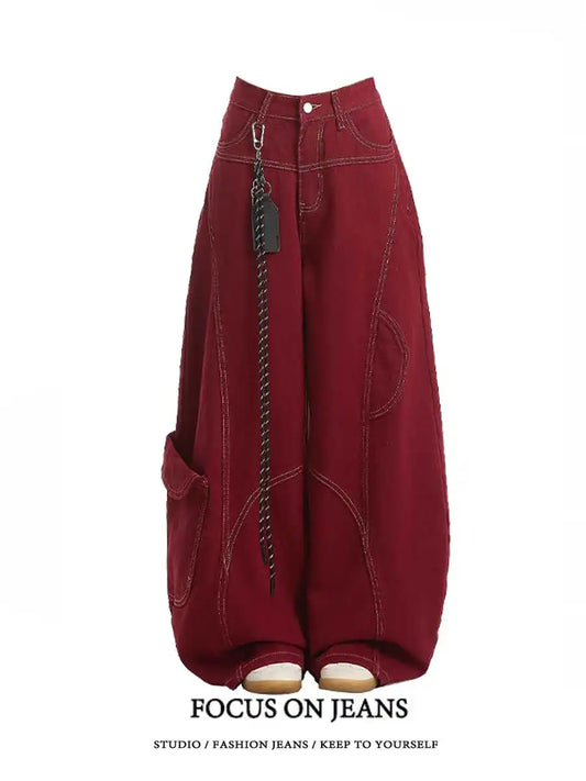 Street Vintage Jeans New Y2K Harajuku Wash Red Streetwear Baggy Jeans Denim Pants Mens Womens High Waist Wide Trousers 2026