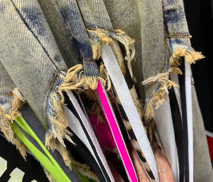 Trendy Drawstring Casual Women's Jeans Spring Summer New Style Side Color Block Striped Washed Grey Pants Natural Waist Denim