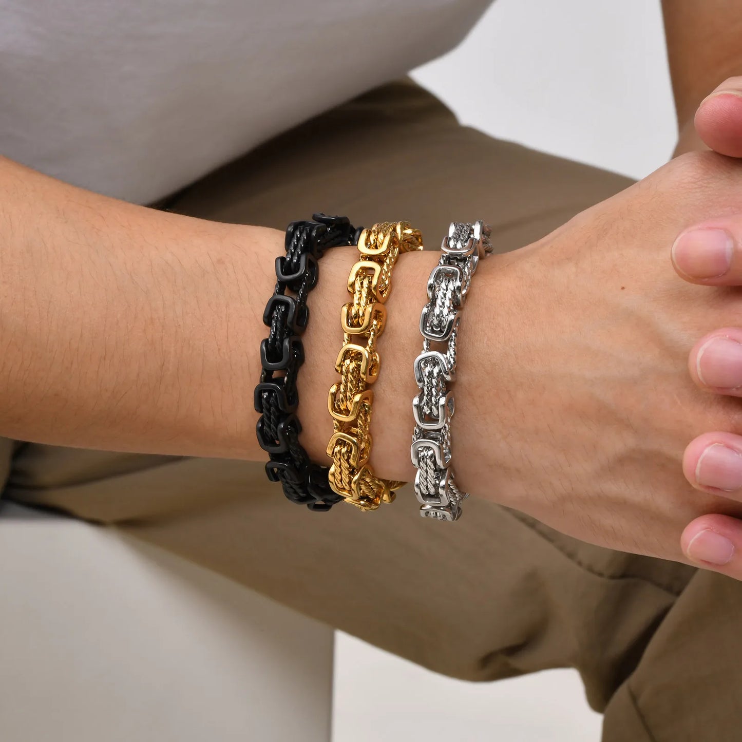 ‌Vnox Stainless Steel Byzantine Bracelet for Men, 8mm Wide Vintage Style Bold Square Links Chain Wristband, Father's Day Gift
