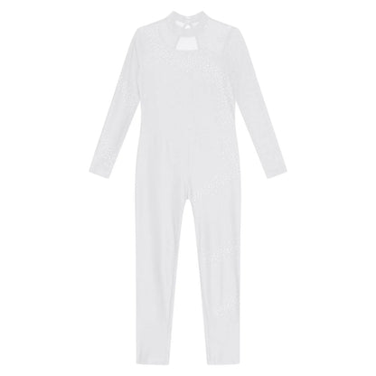 Kids Girls Ballet Dance Gymnastics Leotard Figure Skating Acrobatics Yoga Bodysuit Long Sleeve Shiny Rhinestone Mesh Jumpsuit