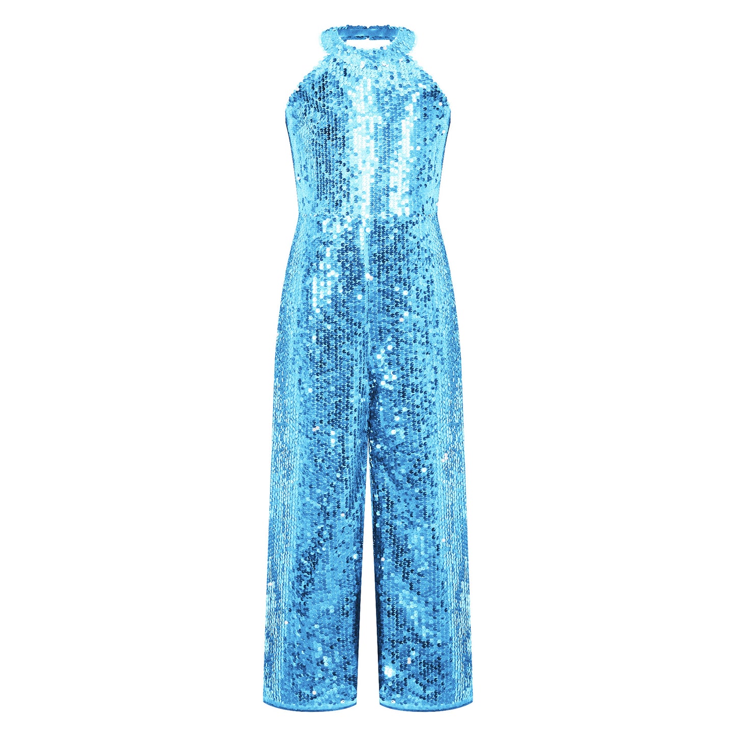Kids Girls Jazz Dance Performance Jumpsuit Shiny Sequin Sleeveless Halter Romper Birthday Wedding Party Dancing Prom Bodysuit