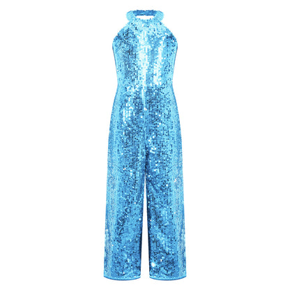 Kids Girls Jazz Dance Performance Jumpsuit Shiny Sequin Sleeveless Halter Romper Birthday Wedding Party Dancing Prom Bodysuit