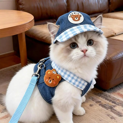 Summer Vest Dog Harness Leash Set and Dog Hat Cute Bear 2026 Dog Clothes Pet Supplies Puppy Denim Harness Cat Dog Accessories