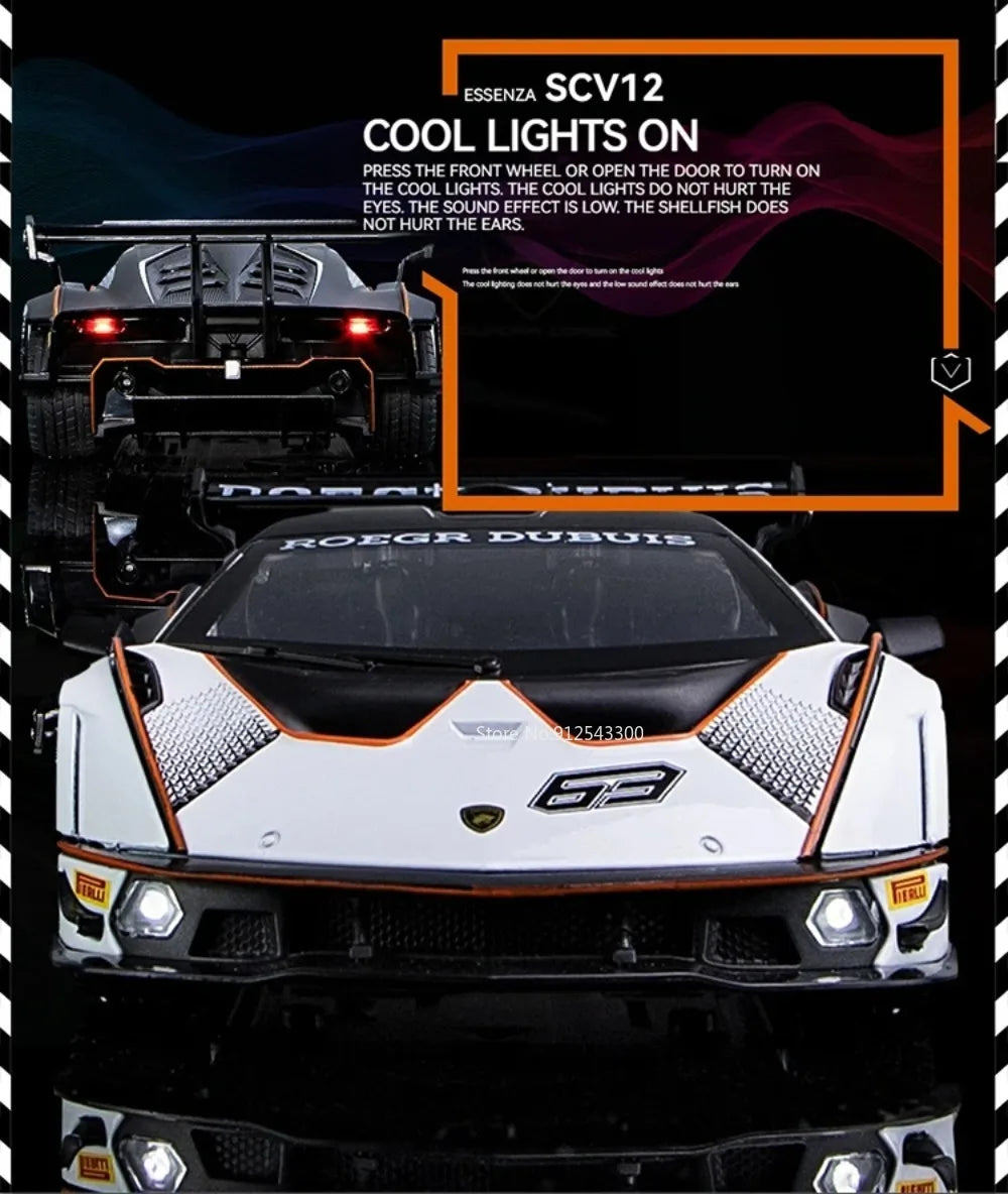 Lambor SCV12 LP770- 1:24  Car Model Alloy Diecast Sound Light Pull Back Doors Opened Vehicle Models Toy