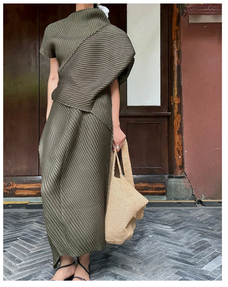 Miyake Pleated Women Set 2026 Summer New Solid Color Irregular Design T-shirt Loose Large Half Skirt Female Two Piece Set