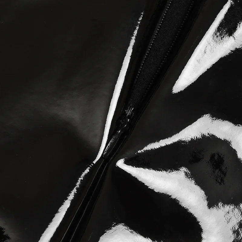 Women Black Patent Leather Pleated Mini Skirt High Waist Flared Gothic Punk Skirt Edgy Streetwear Skirt For Daily Wear & Dating