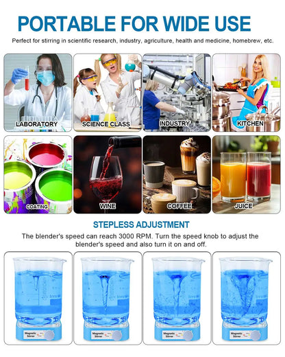 Xin Teste 3000RPM Mini Magnetic Stirrer, 3000ml  Stirrers for Low Viscosity Liquid, No Heating Basic/Rechargeable