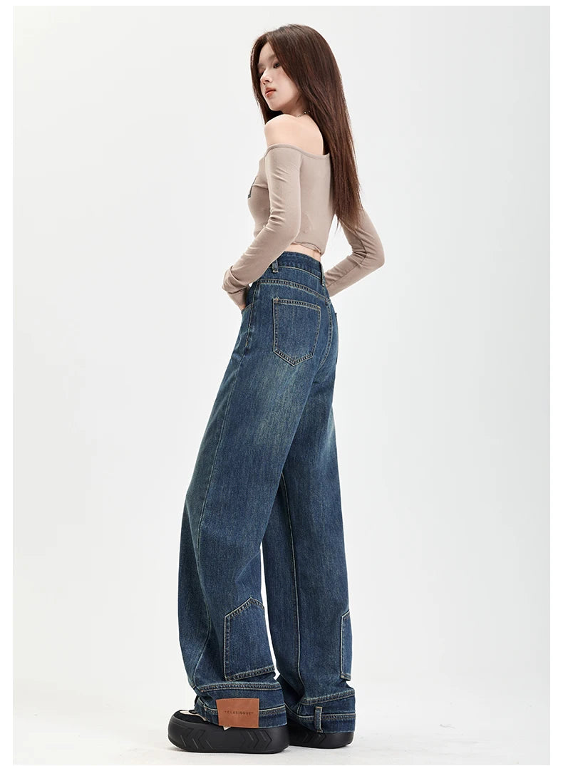 Ins Fashion American Retro Baggy High Waisted Jeans Woman High Street Denim Pants Reversible Trousers Streetwear Y2K Loose Jeans