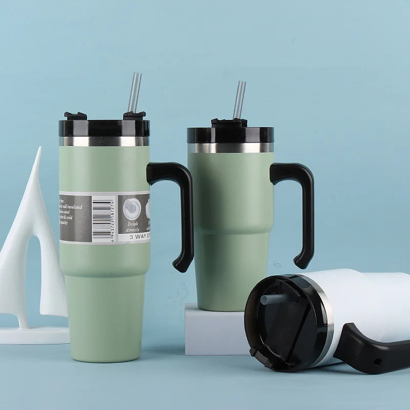 Stainless Steel Car Thermos Bottle Travel Sports Water Bottle Large Capacity with Handle Straw Mug Outdoor Coffee Cup 20oz/30oz