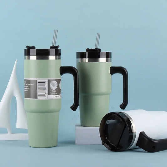 Stainless Steel Car Thermos Bottle Travel Sports Water Bottle Large Capacity with Handle Straw Mug Outdoor Coffee Cup 20oz/30oz