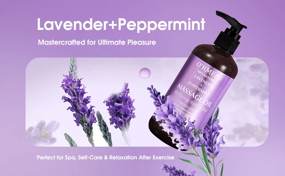 Lavender & Peppermint Infused Massage Body Oil - Warming & Moisturizing Formula for Men & Women, 10.2 Fl.Oz
